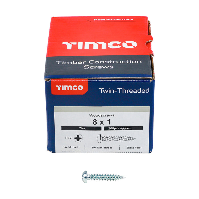Twin-Threaded Woodscrews - PZ - Round - Zinc