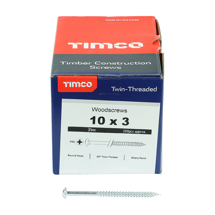 Twin-Threaded Woodscrews - PZ - Round - Zinc