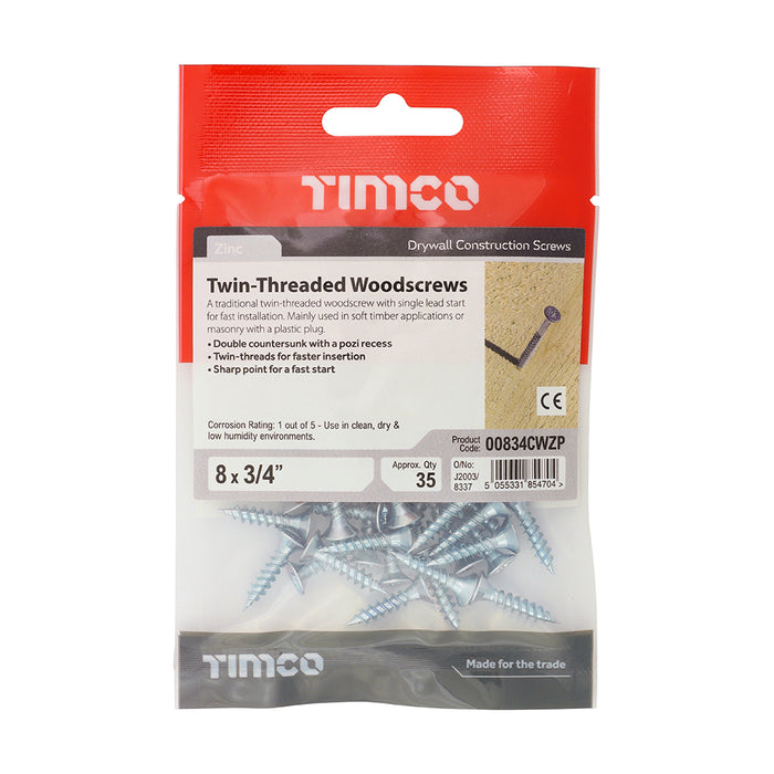 Twin-Thread Woodscrews - PZ - Double Countersunk - Zinc