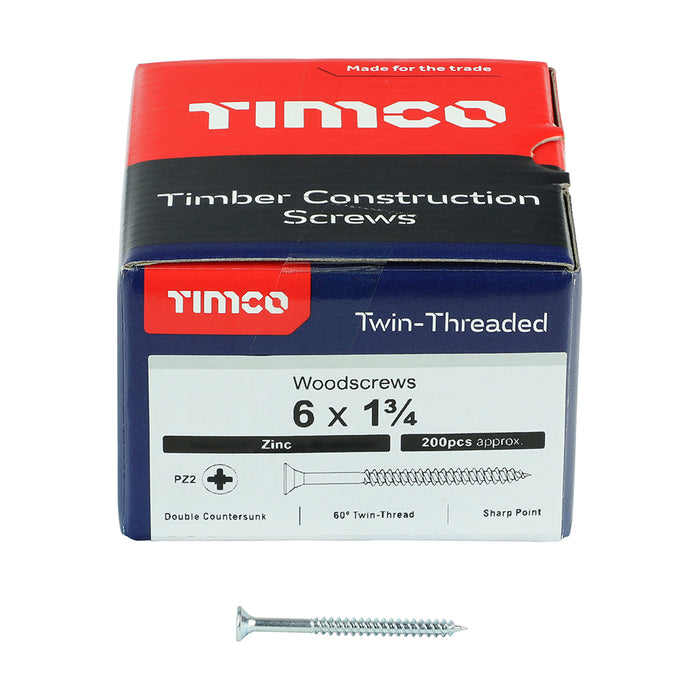 Twin-Threaded Woodscrews - PZ - Double Countersunk - Zinc