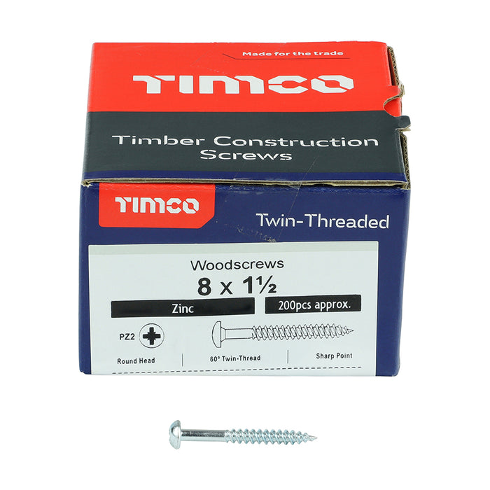Twin-Threaded Woodscrews - PZ - Round - Zinc