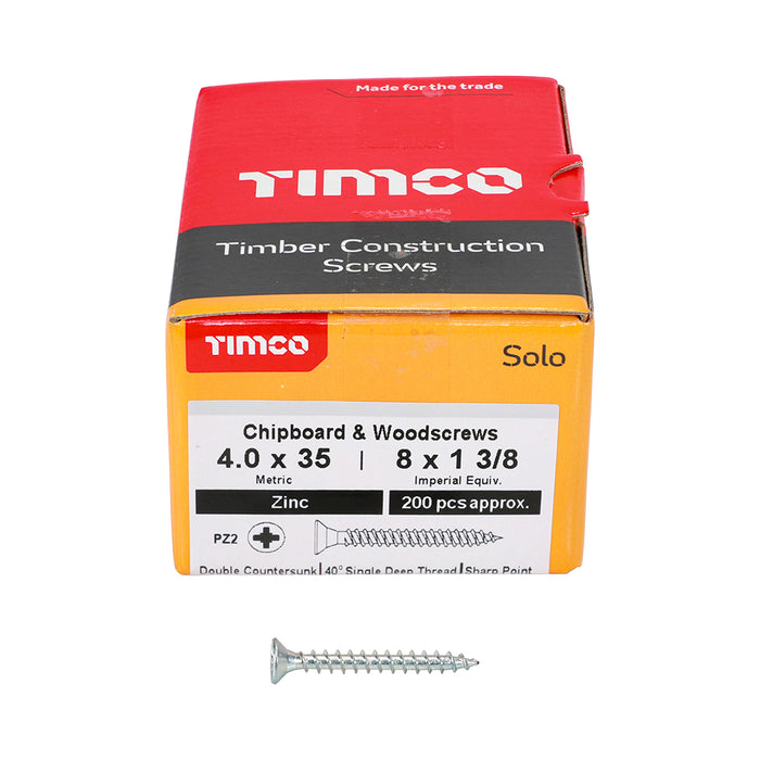 Solo Chipboard & Woodscrews - PZ - Double Countersunk - Zinc