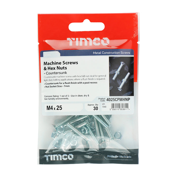Machine Screws - PZ - Countersunk & Hex Nuts - Zinc