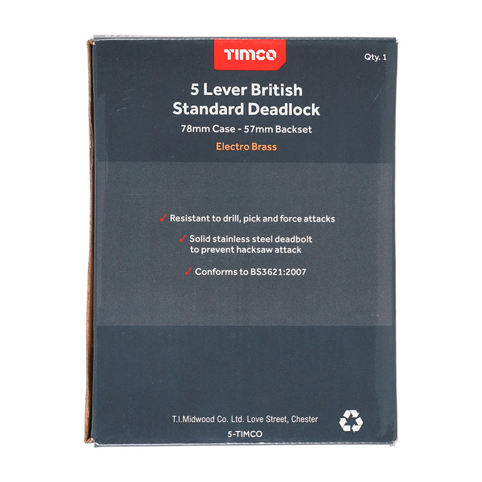 5 Lever British Standard Deadlock - Electro Brass