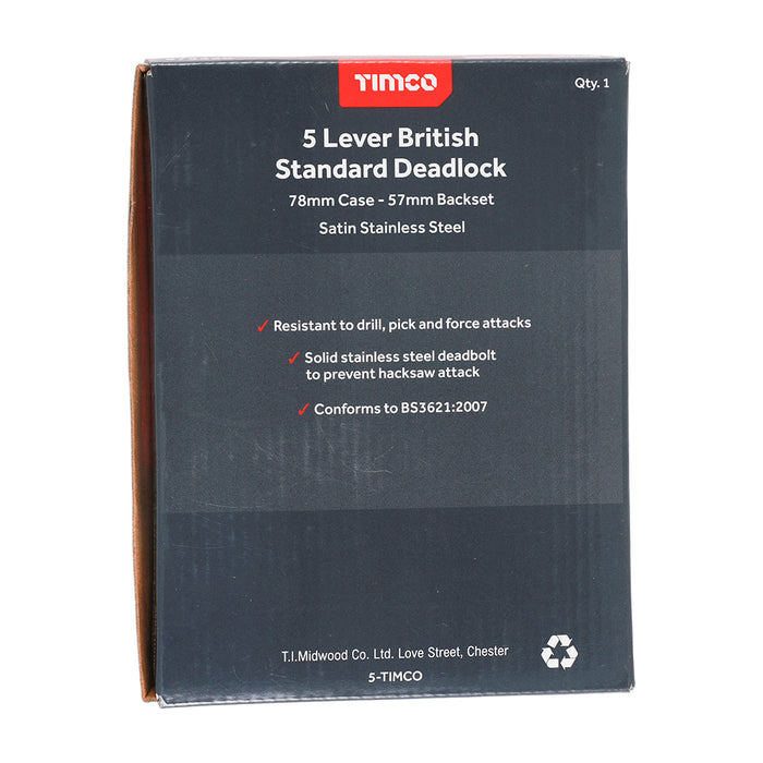 5 Lever British Standard Deadlock - Stainless Steel - Satin