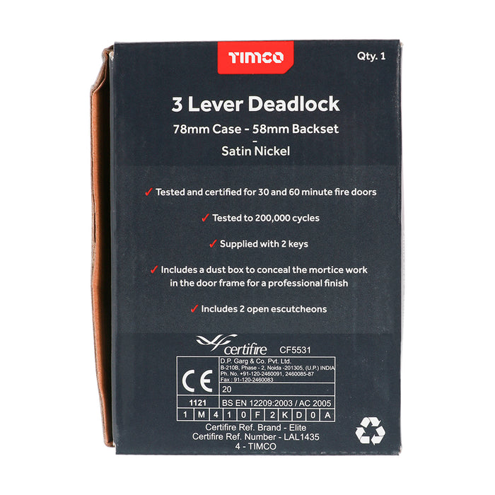 3 Lever Deadlock - Satin Nickel