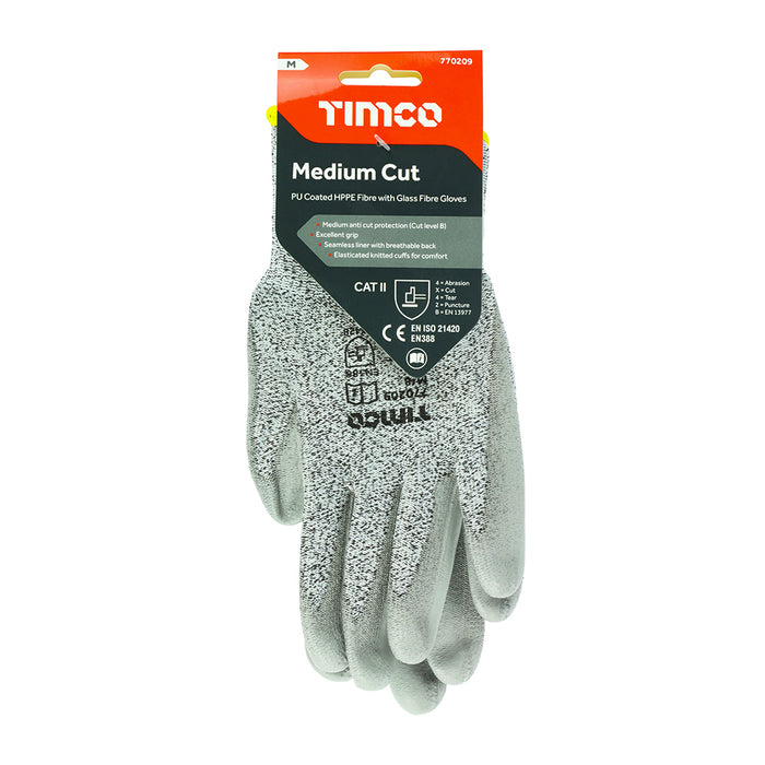 Medium Cut Gloves - PU Coated HPPE Fibre with Glass Fibre