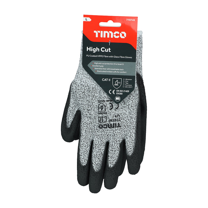 High Cut Gloves - PU Coated HPPE Fibre with Glass Fibre