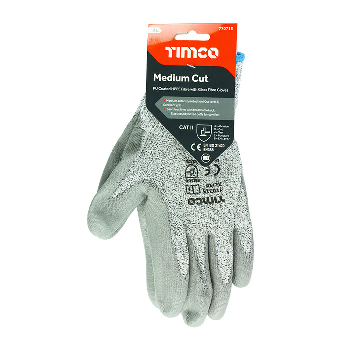 Medium Cut Gloves - PU Coated HPPE Fibre with Glass Fibre