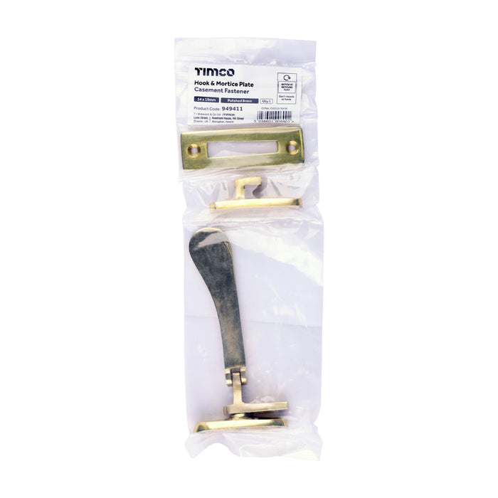 Hook & Mortice Plate Casement Fastener - Polished Brass