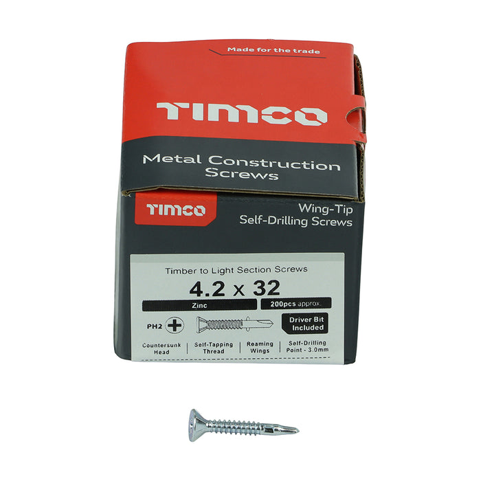 Metal Construction Timber to Light Section Screws - Countersunk - Wing-Tip - Self-Drilling - Zinc