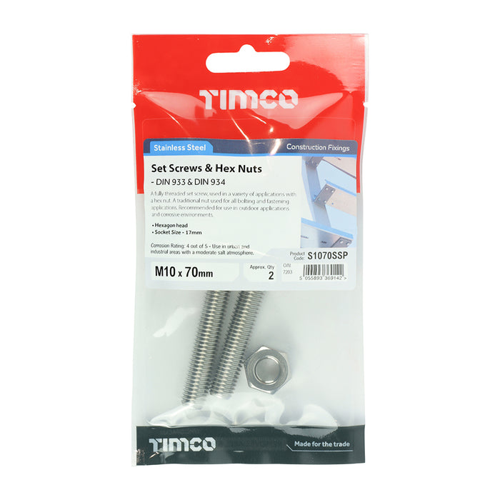 TIMCO Set Screws DIN933 Hex & Nut DIN934 Silver A2 Stainless Steel - M10 x 70